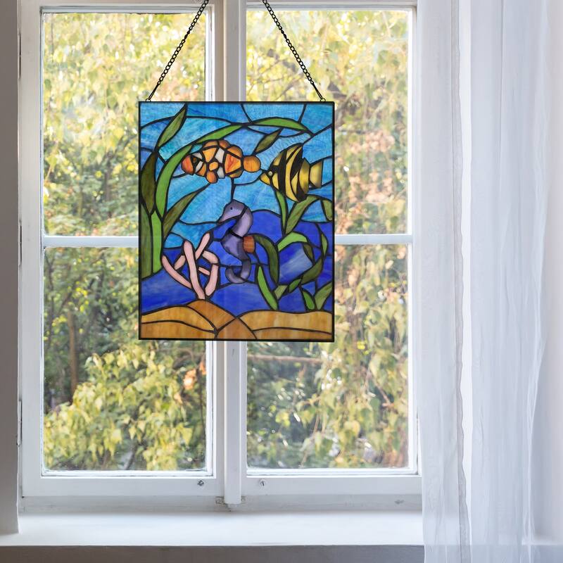 River of Goods Underwater Fish Ocean Scene River of Goods Multicolored Stained Glass Window Panel - 11" x 0.25" x 14"