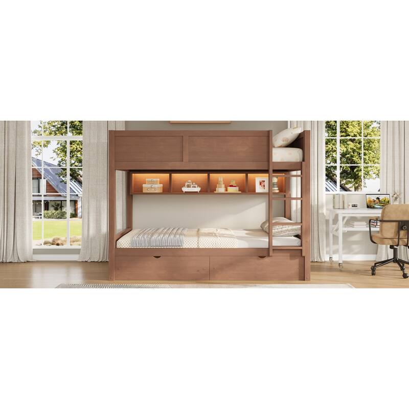 Roomfitters Full XL Over Full XL Bunk Bed with Storage Cabinets, LED Light and Drawers