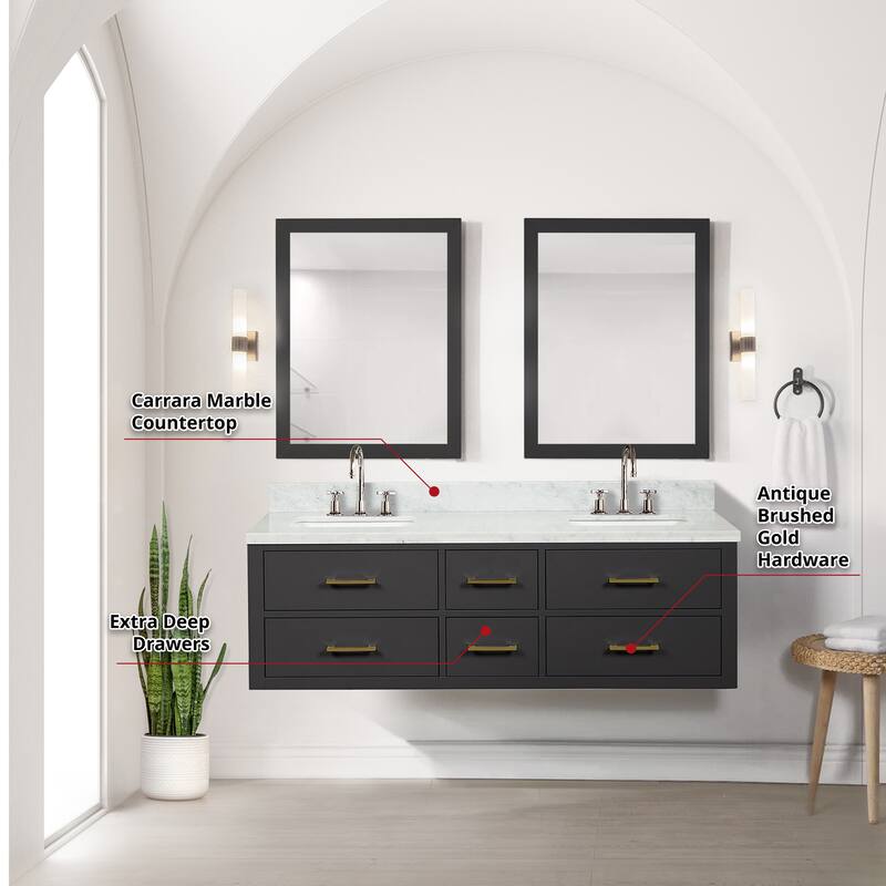 Lexora Castor Double Bath Vanity, Carrara Marble Top, Faucet Set, and Mirrors