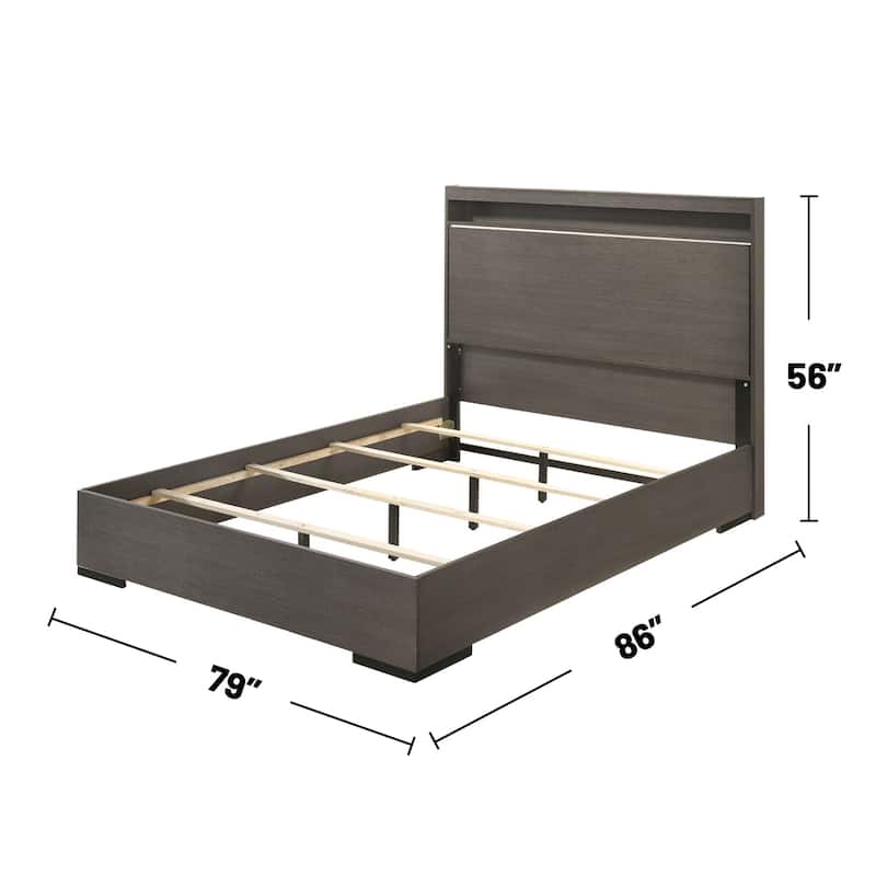 Wooden Eastern King Bed with LED in Gray Oak Finish