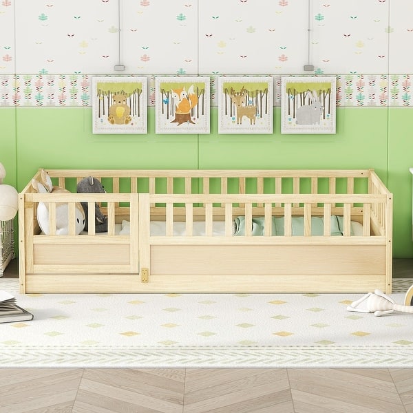 slide 2 of 10, Natural Wood Twin Size Pine Wood Floor Bed, Integral Construction with Super High Security Barrier, Door Twin - Natural Wood