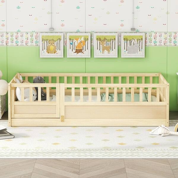 slide 2 of 10, Twin Floor Bed Frame with Built-In Safety Guardrails and Open Entrance Play