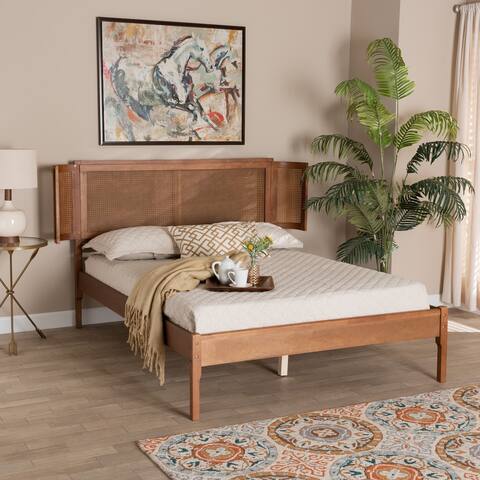 Eridian Mid-Century Modern Walnut Brown Finished Wood and Natural Rattan Platform Bed