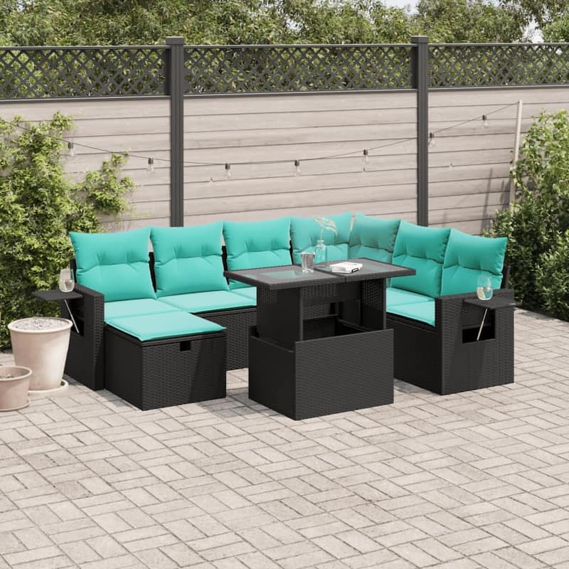 vidaXL Patio Sofa Set with Cushions and Table Outdoor Garden 8 Piece Poly Rattan - 24.4" x 24.4" x 27.2" - Black