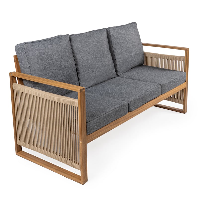 Saranac 3-Seat Mid-Century Modern Roped Acacia Wood Outdoor Sofa with Cushions, by JONATHAN Y