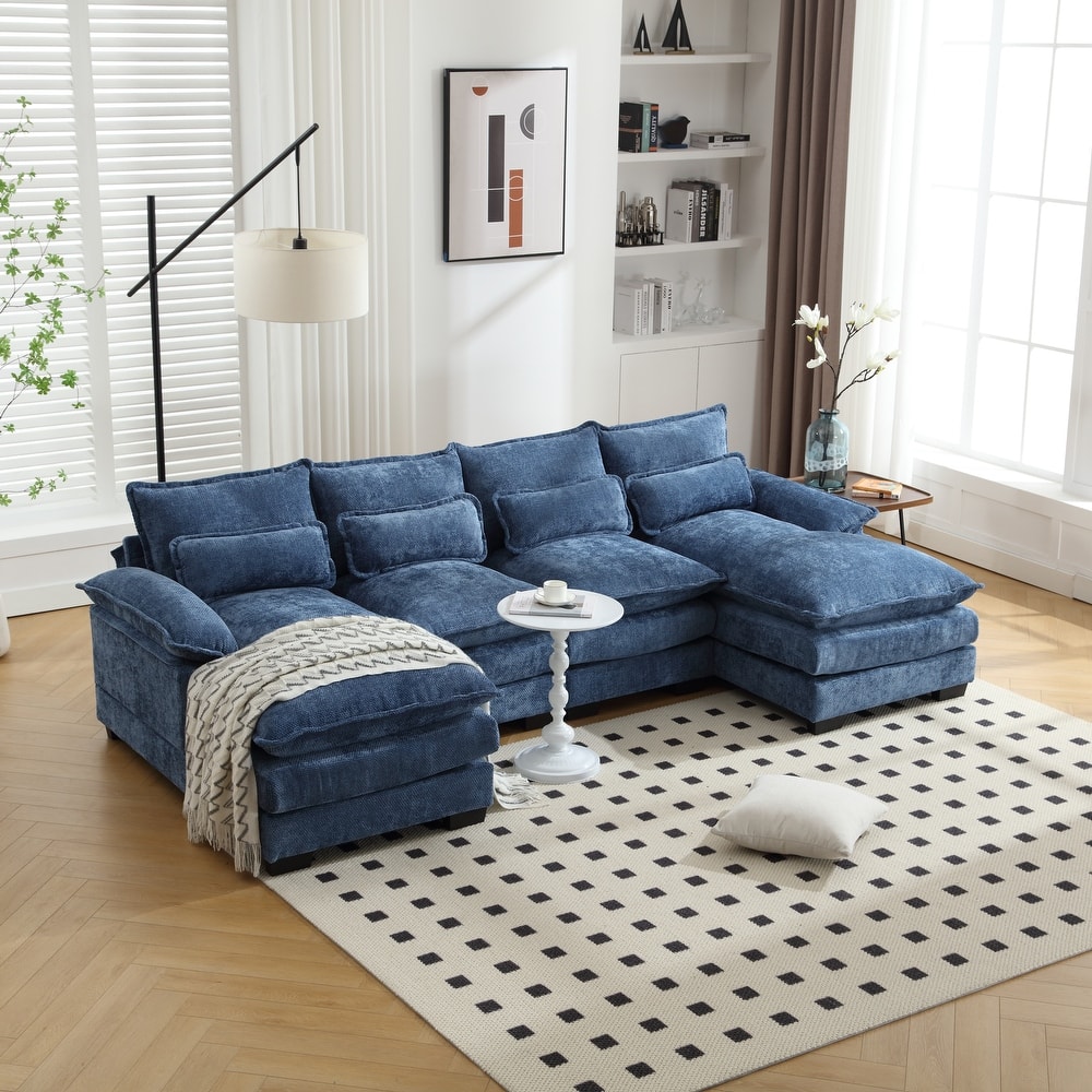 U-shaped Recliner Sofa Chenille Upholstered Chaise Sectional Sofa Symmetrical Reclining Couch with Double Thick Cushions