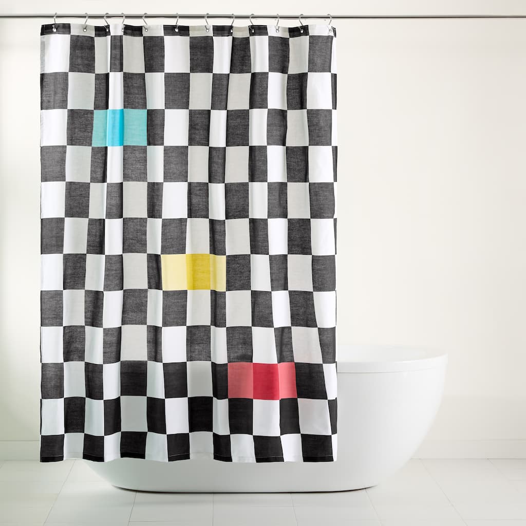TOWN & COUNTRY PLAY Betty Bold Checkerboard Cotton-Rich Breathable Fabric Shower Curtain with Anti-Rust Grommets