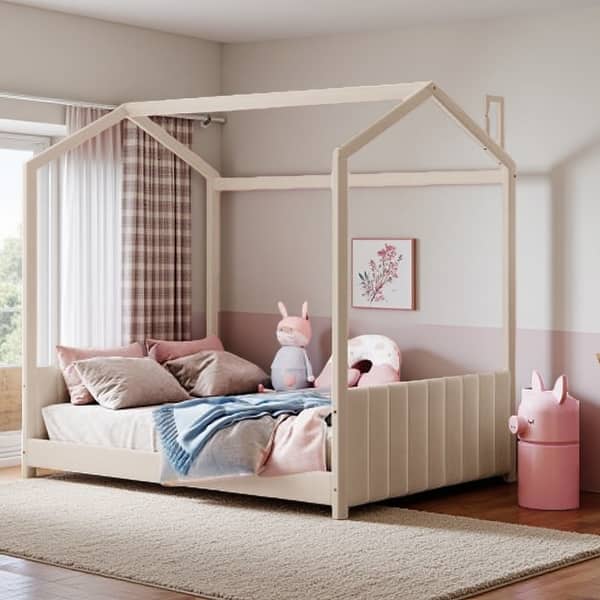 slide 2 of 23, Beige Full Size Velvet House Bed Frame for Kids with Roof Design & Modern Headboard, Solid Wood Construction Full Beige - Full