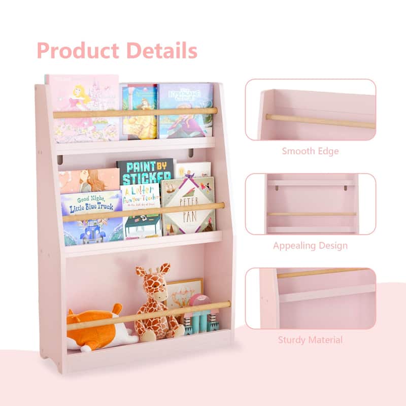 Anmytek 3-Tier Kids Wall Bookshelf with Slanted Front & Guardrails, Pastel Finish Wooden Display for Bedroom
