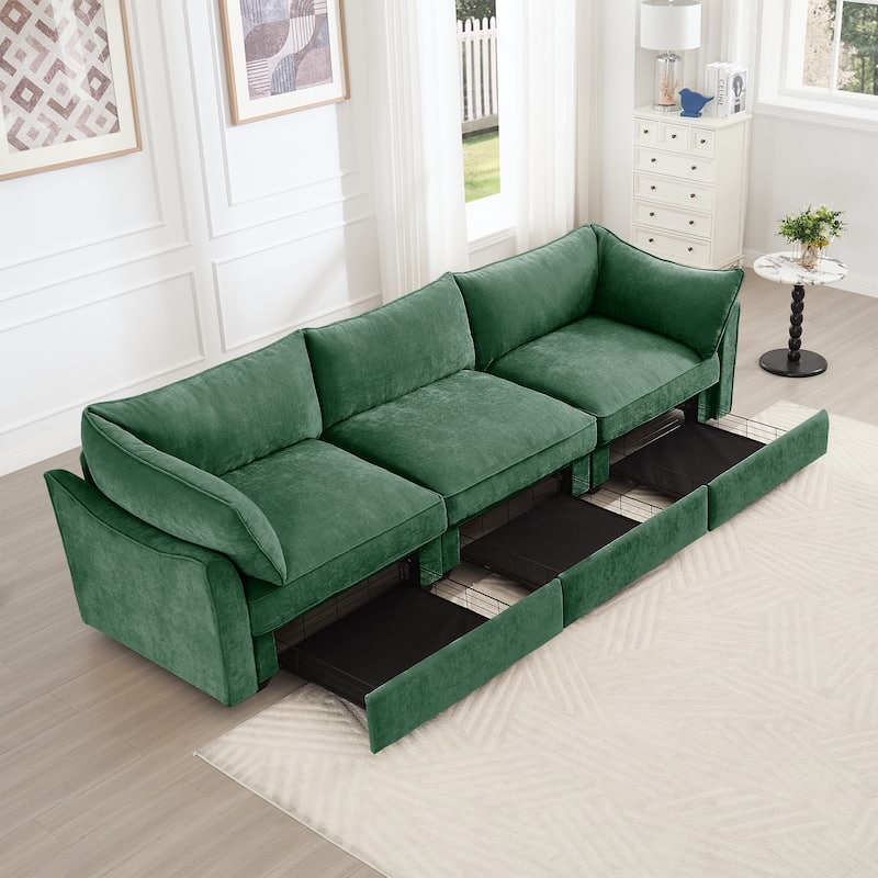 Rossetta 3-Seater Crescent Armrests Sofa with Pull-Out Storage Drawers and Wraparound Cushions in Classic Color Chenille