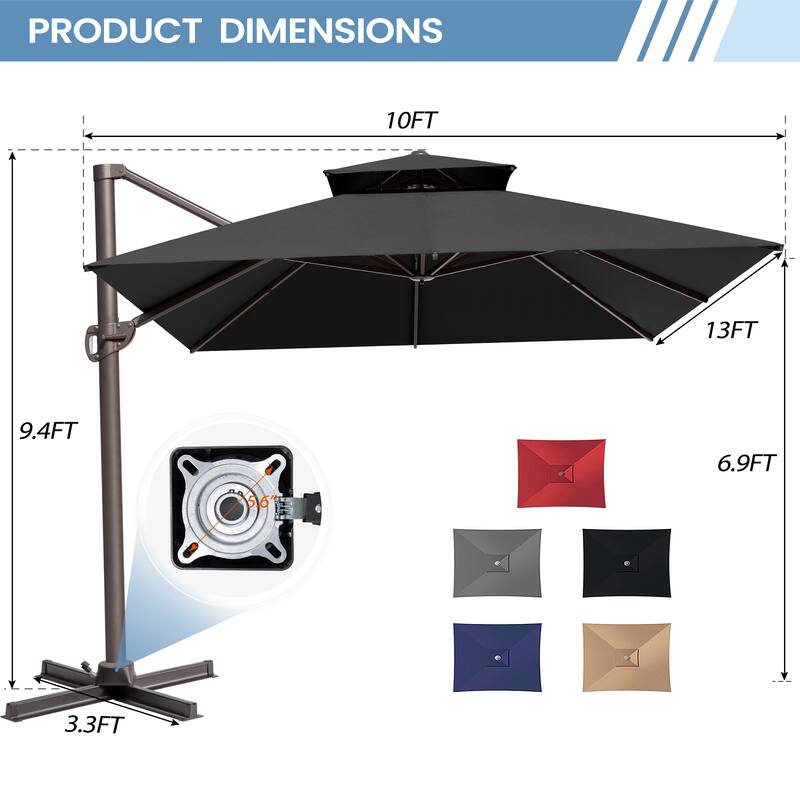 10 x 13 Feet Double Top Rectangular Patio Offset Cantilever Umbrella Aluminum with Crank