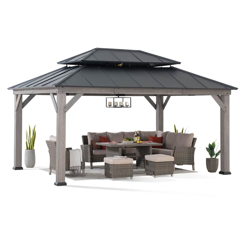 Sunjoy Outdoor Cedar Wood Frame Patio Gazebo Steel Hardtop
