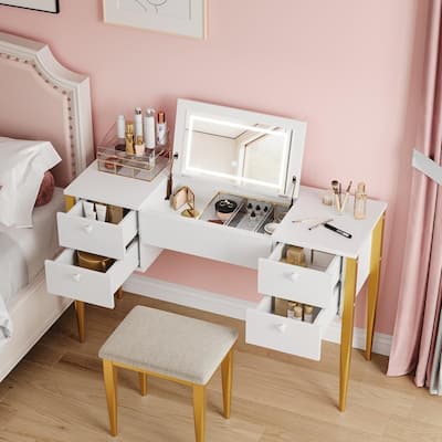 3-in-1 Vanity Desk with Flip Top LED Mirror, 5 Drawers, and Cushioned Stool