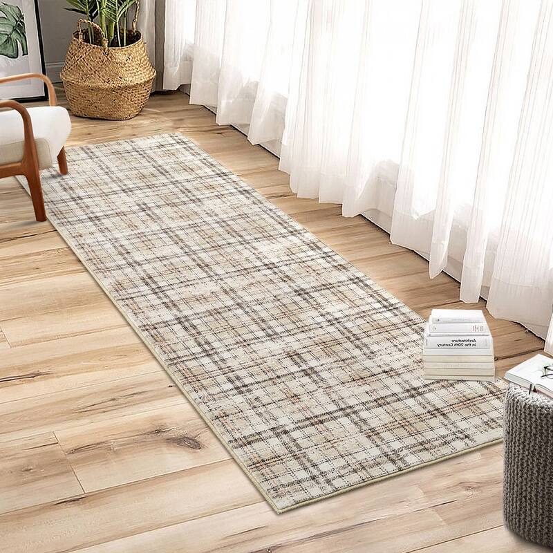 Washable Area Rugs for Living Room Bedroom Modern Plaid Rug Soft Non Slip Low Pile Farmhouse Geometric Rug