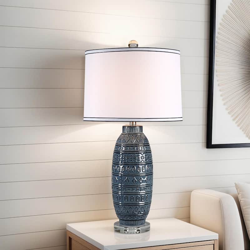 Carved Ceramic Table Lamp with Tapered Shade - 30.5" - Blue