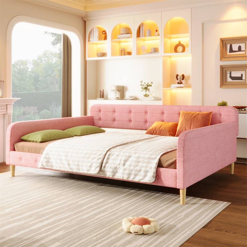Twin/Full/Queen Size Upholstered Daybed with 4 Support Legs, Linen Fabric Daybed Frame Sofa Bed with Button Tufted Design - Pink - Queen