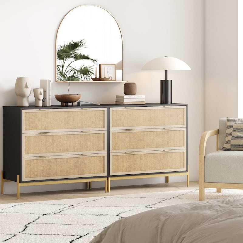 Andrew 3-Drawer Rattan Dresser or Bohemian Living Room Storage Cabinet with Natural Rattan Accent and Metal Legs