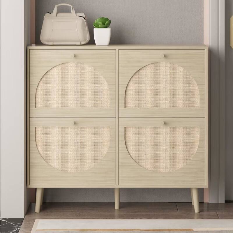 Rattan Shoe Cabinet with 2 / 4 Flip Drawers, Narrow Shoe Storage Cabinet,Organizer for Entryway, Bedroom, Living Room