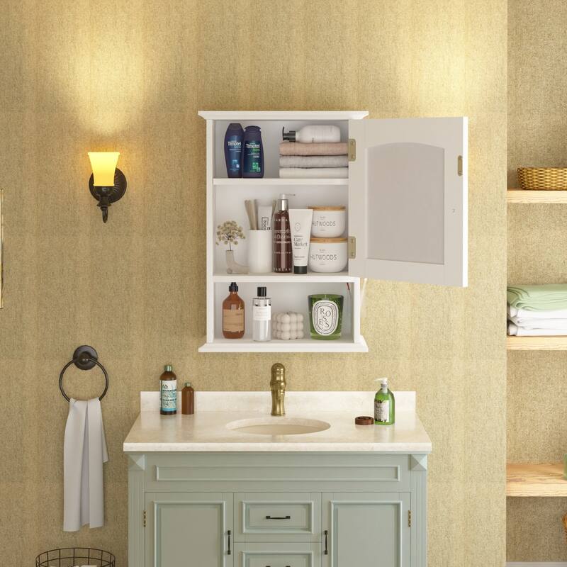 VECELO Modern White Wall Mounted Medicine Cabinet with Mirror & Gold Handle 3-Tier Bathroom Storage Cabinet for Bathroom