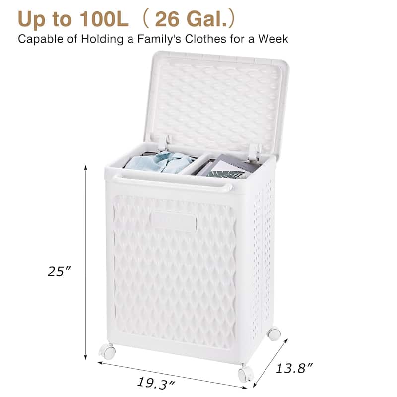 Javlergo White Rolling Laundry Hamper with Lid & Brakes 100L Dual Compartment Plastic Storage Cart with Wheels for Bathroom
