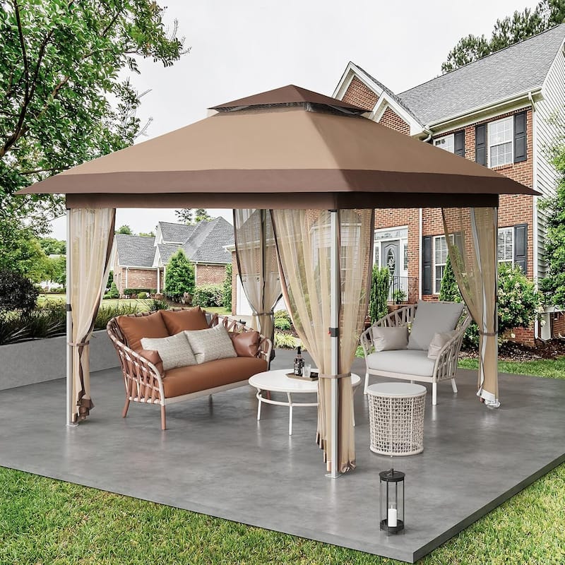 Modern Waterproof 12X12 Ft Instant Pop-Up Gazebo, All-Weather Canopy Tent for Patio, Garden, Backyard, Party - N/A - Brown