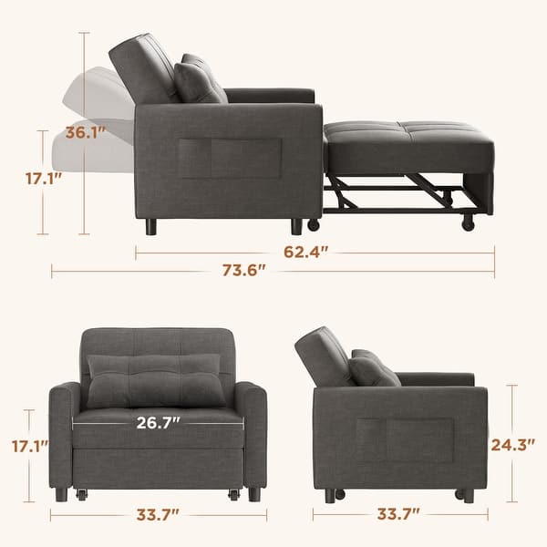 dimension image slide 0 of 10, 3-in-1 Adjustable Sleeper Sofa Bed, Pull Out Chair Sofa, Convertible Folding Bed for Living Room