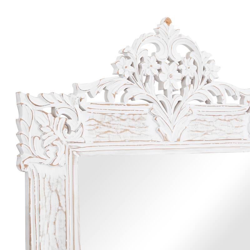 White Wood Intricately Carved Acanthus Floral Room Wall Mirror