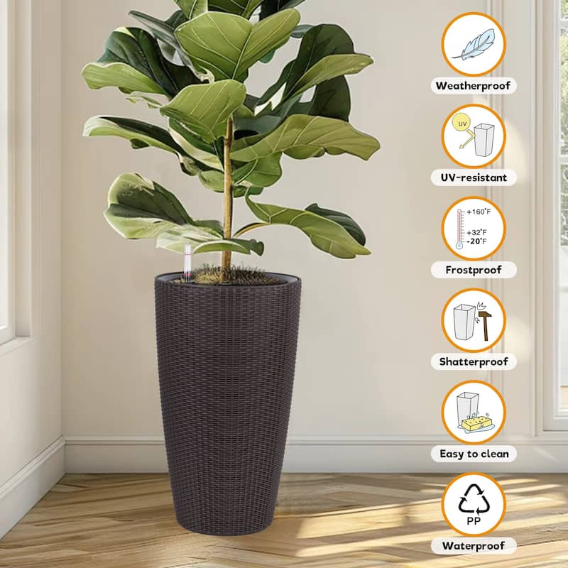 Set of 2 Faux Rattan Tall Planters Outdoor Indoor Large Planters with Water Level Monitor Inner Bucket