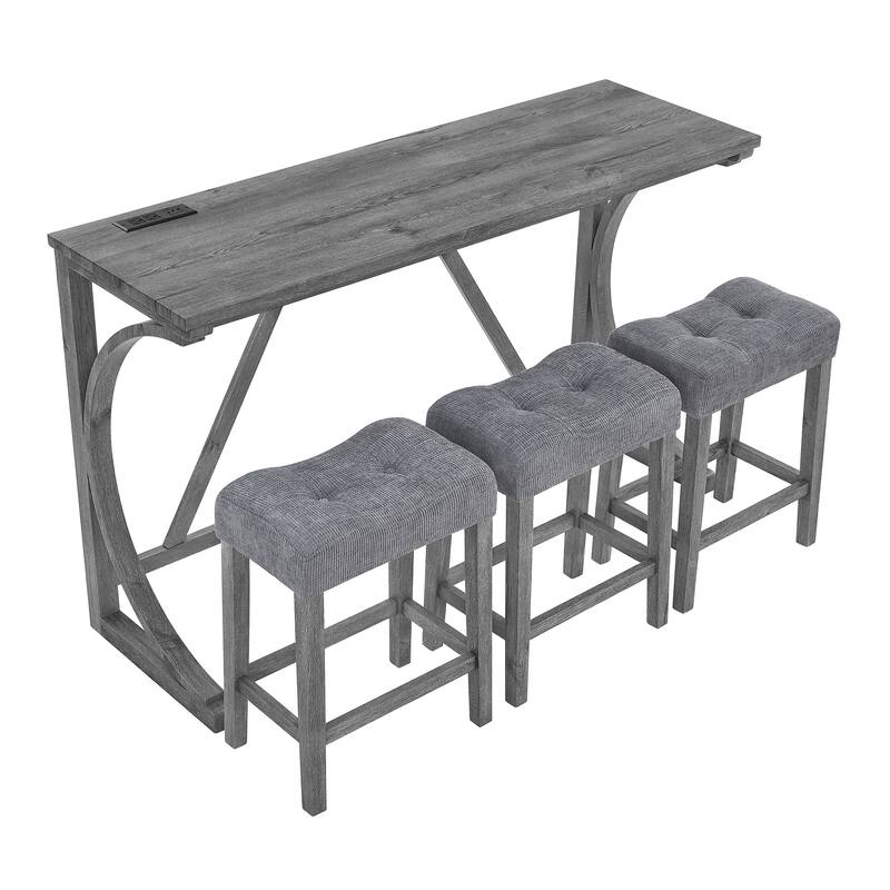 59" Bar Table Set with Power Outlet, Industrial Breakfast Table with 3 Stools, 4 Piece Counter Height Bar Table and Chair Set