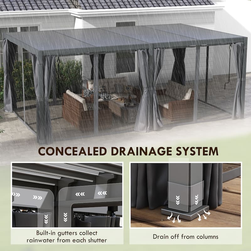 Outsunny 12' x 19' Louvered Pergola Hardtop Gazebo with Adjustable Aluminum Roof and Frame, Outdoor Pergola with Curtains