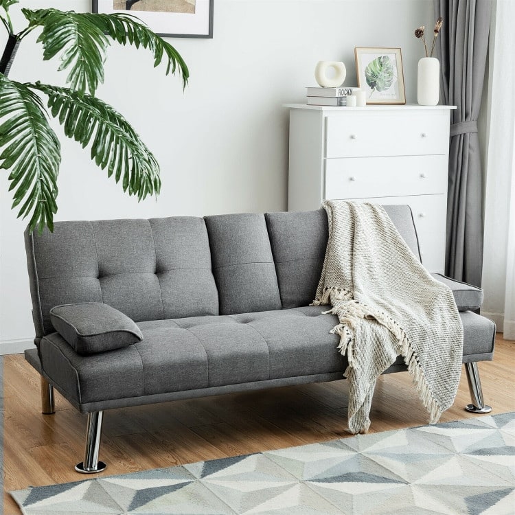 Convertible Folding Futon Sofa Bed Fabric with 2 Cup Holders - 66" x 31.5" x 29.5"