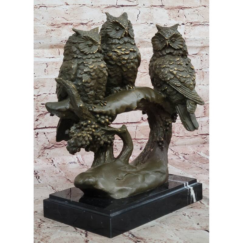 Bronze Owl Trio Sculpture – Wise Owls On Branch Statue Decor