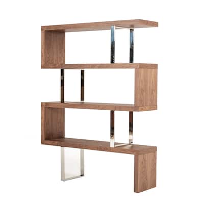 Zig Zag Wooden Frame Shelf Unit with Metal Braces Support, Brown and Silver