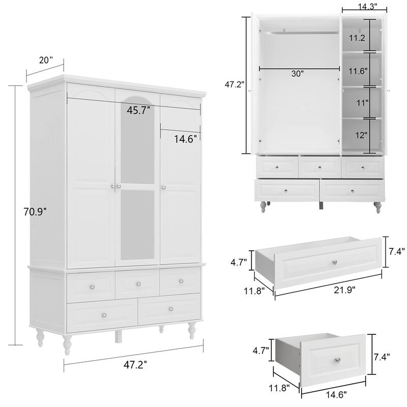 47.2" Lacquered Armoires Wardrobes With Mirror Door 5 Drawer in White