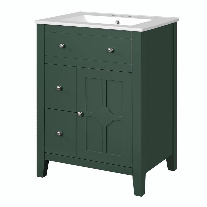 24" Modern Bathroom Vanity with Ceramic Basin - Restroom Sink Cabinet with 2 Drawers