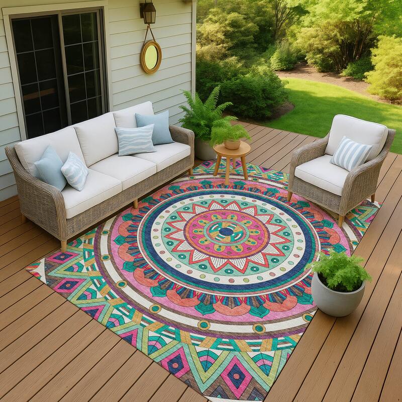 Machine Washable Indoor/ Outdoor Boho Mosaic Chantille Rug - Pink - 8' x 10'