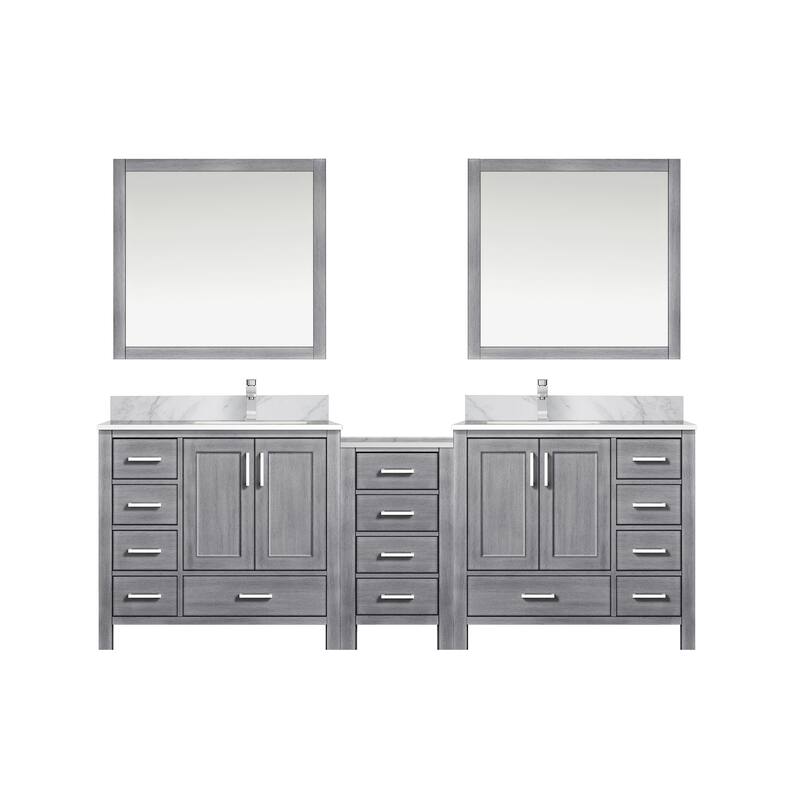 Coraline 92 in W x 22 in D Double Bath Vanity, Carrara Marble Top, Faucet Set, and 34 in Mirrors - Distressed Grey