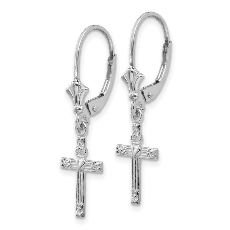 Curata 14k White Gold Mini Cross With Love Heart Leverback Earrings - 31x9mm