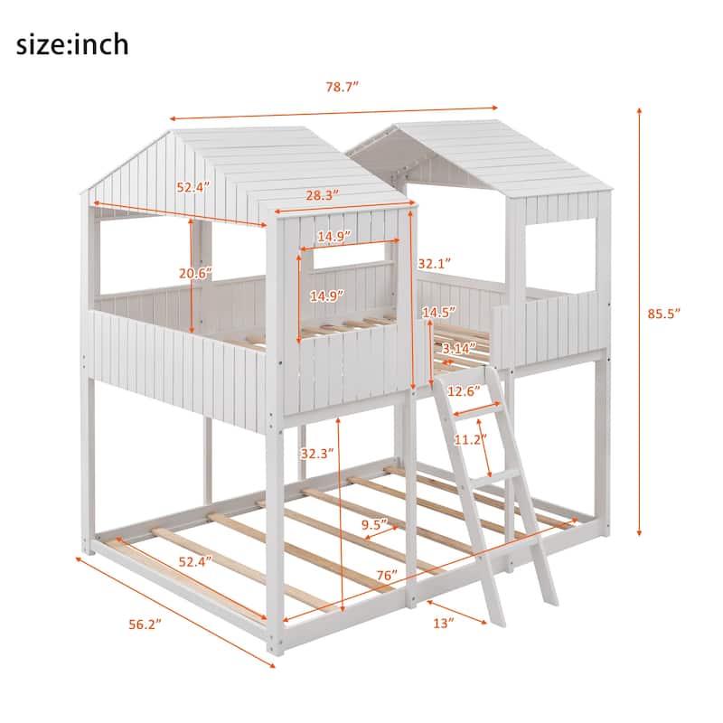 Full Over Full WoodBunk Bed with Roof, Window, Guardrail, Ladder