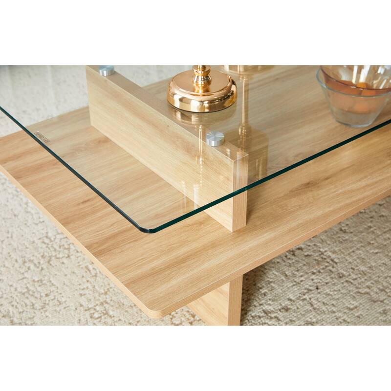 Two-Tier Tempered Glass & MDF Coffee Table, Natural Wood Finish Modern Double-Layer Coffee Table with Sturdy Frame
