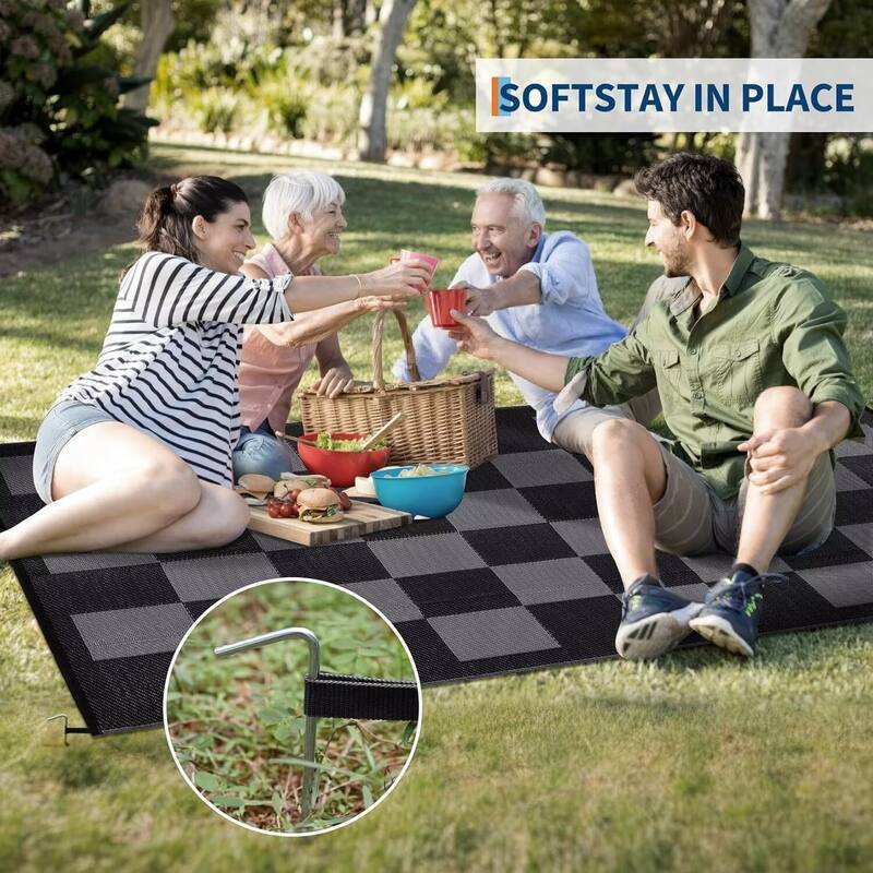 Outdoor Rug Checkerboard Geometric Plaid Pattern, Waterproof Plastic Straw Rug, UV Resistant Foldable Outdoor Rug
