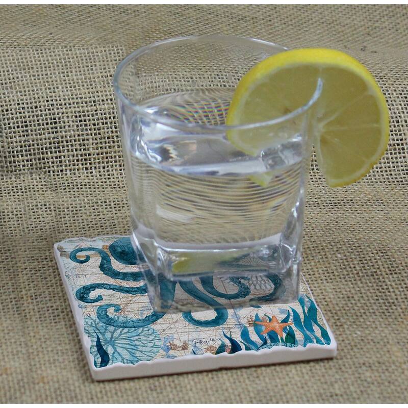 Counterart Absorbent Stone Coasters - Nautical Octopus - Set of 4 - 4x4x1.120