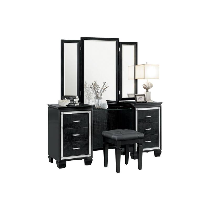 Audi 5 Piece Black Modern Faux Leather Upholstered Tufted LED Panel Bedroom Set