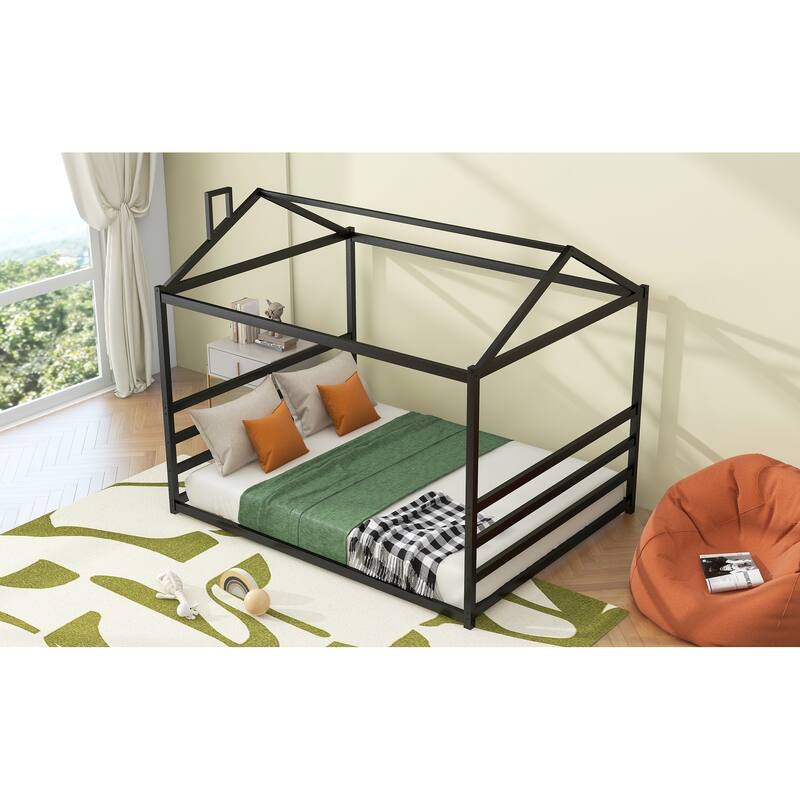 Modern Simple Queen Size Metal House Shape Platform Bed Floor Bed Frame for Kids Teens Adults, Space-Saving, Easy Assembly