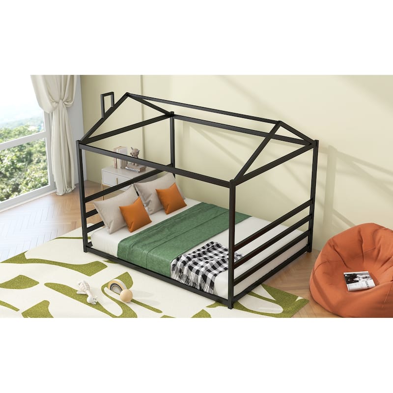 Sleek Metal Queen Platform Bed with House Shape Design, No Box Spring Needed