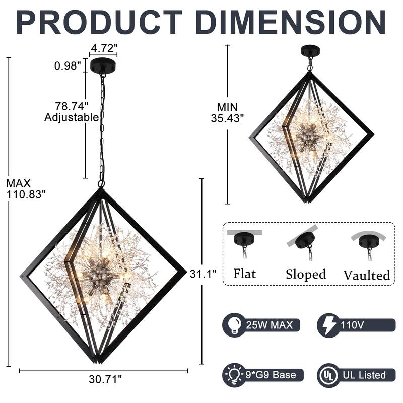 Modern Black Sputnik Crystal Chandelier Pendant Light for Dining Room - Dia.30.71-in