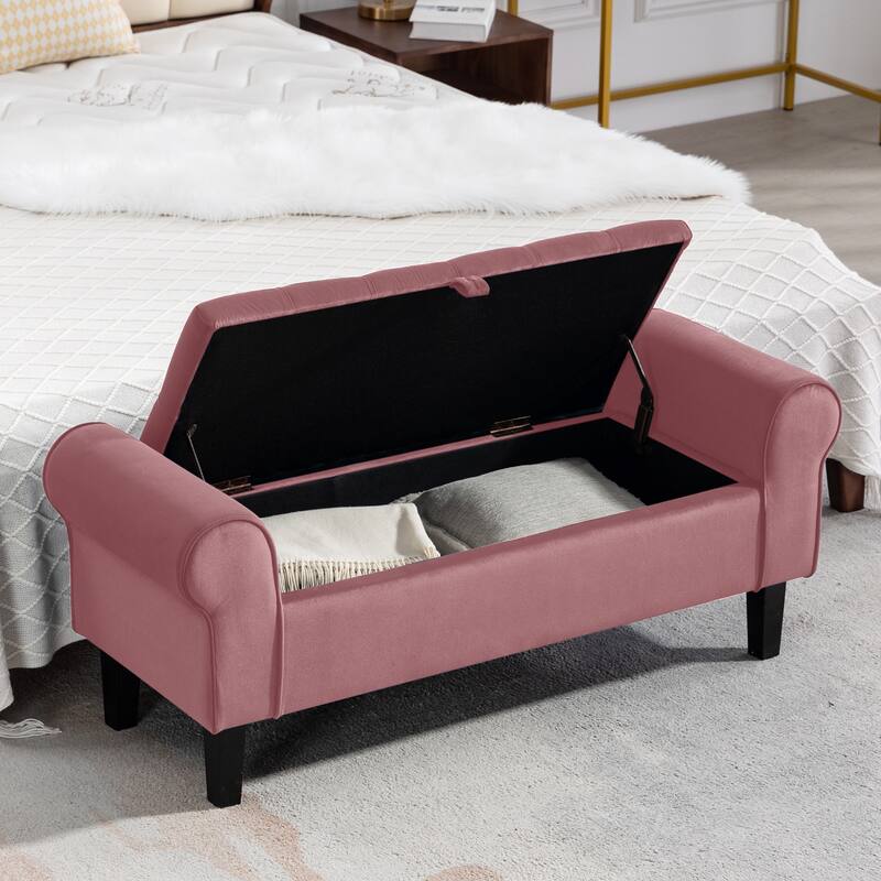 Velvet Storage Bench With Rubber Wood Legs for Bedroom