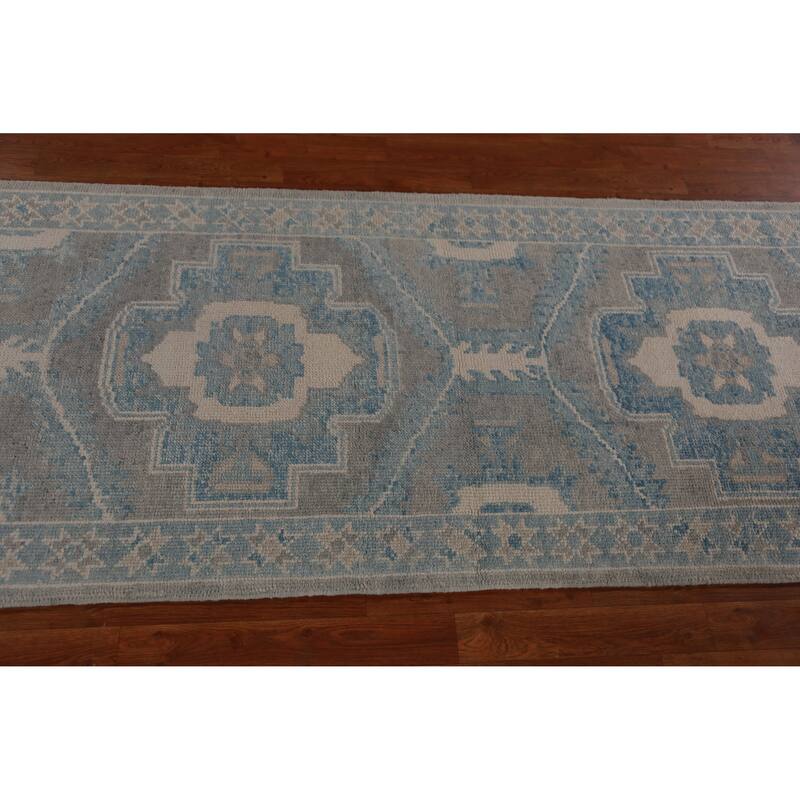 Hand Knotted Oriental 100% Wool Carpet Transitional Geometric Greys & Charcoal Oushak Runner Rug - 13' 10'' X 3' 1''