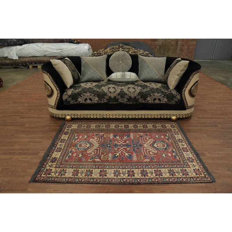 Hand Knotted Oriental 100% Wool Carpet Traditional Geometric Red Super Kazak Area Rug - 5' 10'' X 4' 0''