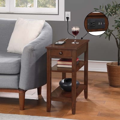Chairside End Table with Drawer, Built-In Charging Station, USB Ports and Three Shelves, Modern Side Table for Home Storage
